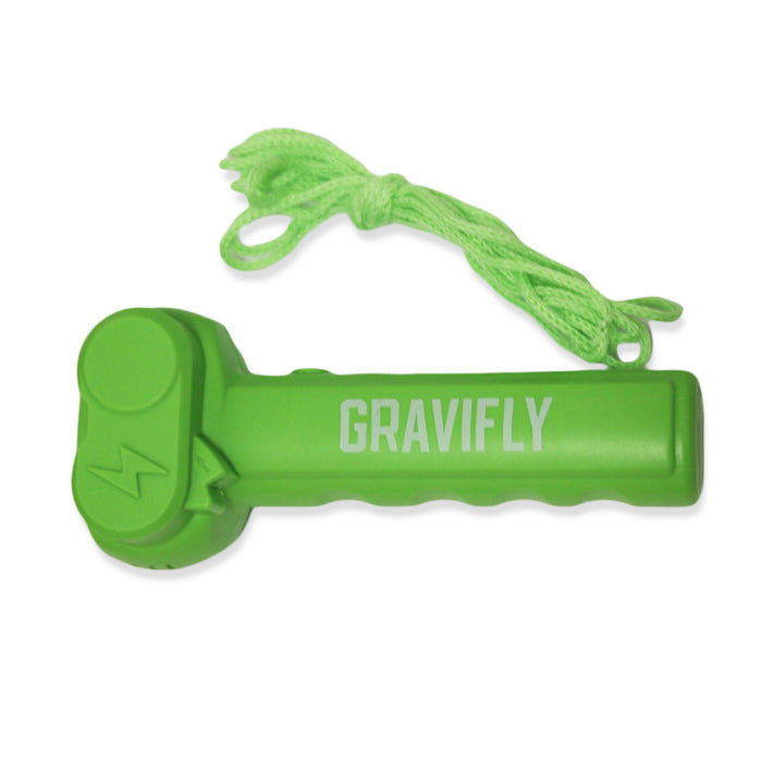 The Genius at Play GraviFly Rope Launcher is a bright green handheld device with a gravity-defying design, rope attached at one end, a round button-like feature on the side, and a lightning bolt symbol.