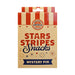 The Stars Stripes and Snacks Mystery Pin comes in a rectangular box decorated with bold red and white stripes, stars, fireworks, and a USA America badge design on the front—making it an eye-catching addition to any patriotic or Americana pin collection.