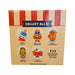 Back of the toy box displays five collectible food-themed figurines—Rocket Pop, Cheeseburger, Hot Dog, Kernel Corn, and Pie—plus a mystery blind box figure called “Stars Stripes and Snacks Mystery Figure,” which could be a patriotic collectible for America’s 250th anniversary. The top features a red and white striped border.