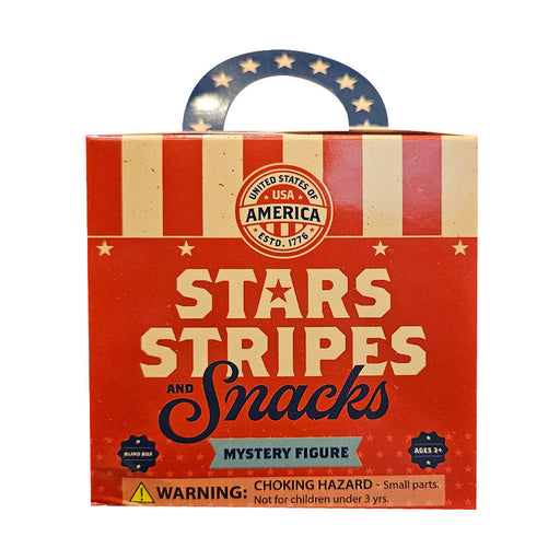 The Stars Stripes and Snacks Mystery Figure comes in a red, white, and blue blind box adorned with a USA emblem, star patterns, and a choking hazard warning for children under 3 at the bottom—ideal for collectors who want a patriotic figurine to mark America’s 250th anniversary.
