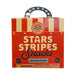 The Stars Stripes and Snacks Mystery Figure comes in a red, white, and blue blind box adorned with a USA emblem, star patterns, and a choking hazard warning for children under 3 at the bottom—ideal for collectors who want a patriotic figurine to mark America’s 250th anniversary.