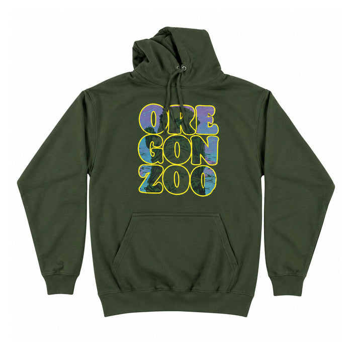 Olive green Oregon Zoo Otter Hooded Sweatshirt with block lettering on the chest containing an illustration of an otter in water.