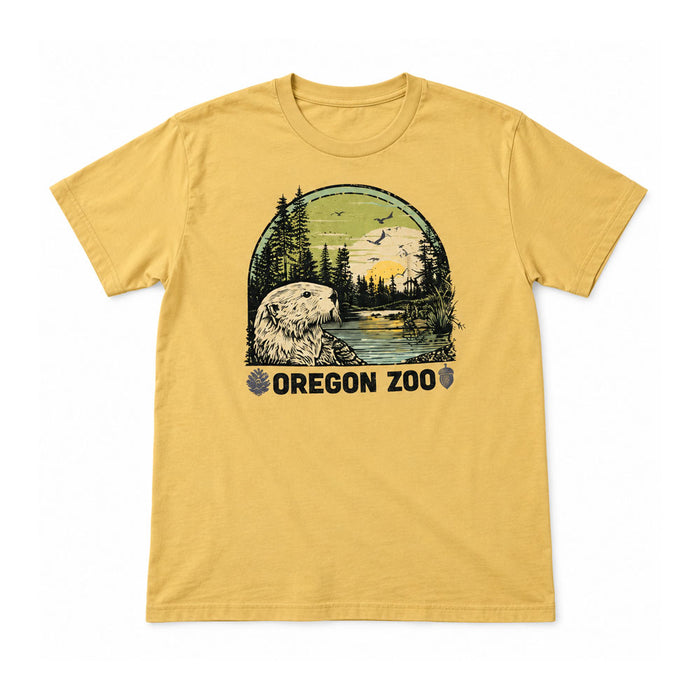 Mustard yellow Oregon Zoo Otter Scene T-shirt featuring a graphic of an otter by a river in a forest at sunset, with the text flanked by a pinecone and an acorn.