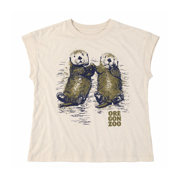 Cream-colored sleeveless Oregon Zoo Otter Kiss Women’s T-Shirt featuring an illustration of two otters holding hands.