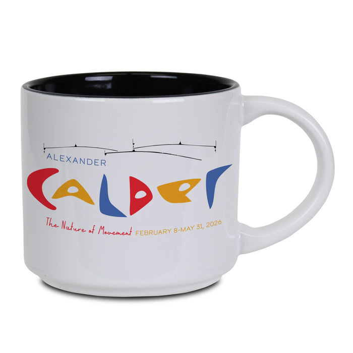 The Marie Selby Botanical Gardens Calder Nature of Movement Mug is a white ceramic mug with a black interior featuring colorful modern text: Alexander Calder, The Nature of Movement, February 8–May 31, 2026. Exclusive to the Selby mug collection.