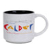 The Marie Selby Botanical Gardens Calder Nature of Movement Mug is a white ceramic mug with a black interior featuring colorful modern text: Alexander Calder, The Nature of Movement, February 8–May 31, 2026. Exclusive to the Selby mug collection.