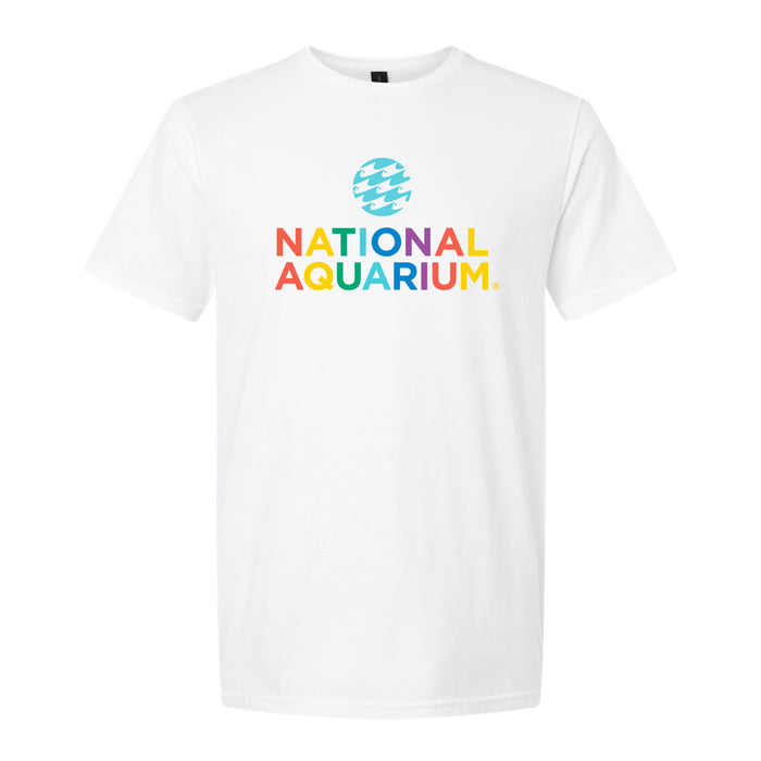 Celebrate inclusivity and Baltimore Pride with the National Aquarium Pride T-Shirt. This special edition white t-shirt features the National Aquarium logo—a blue, wave-patterned globe—with “NATIONAL AQUARIUM” printed in bold, colorful letters below.