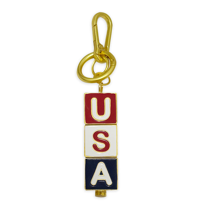 Show your patriotic spirit with the USA Block Spinner Bag Clip—a gold keychain featuring red, white, and blue blocks spelling "USA." It attaches easily to keys or bags and doubles as a fidget tool for on-the-go use.