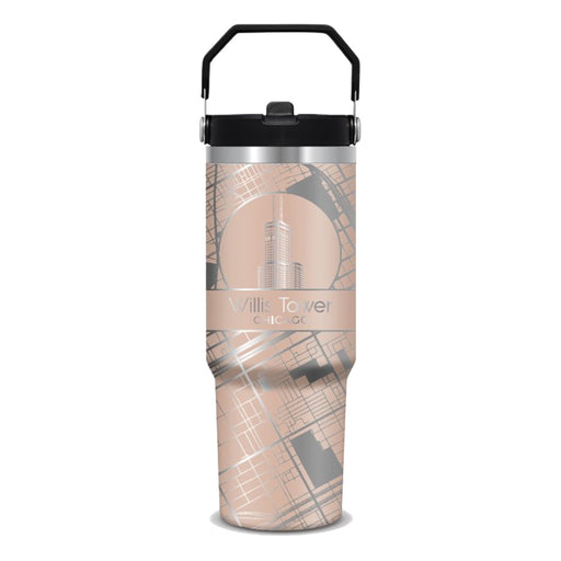The Willis Tower Flat Top Tumbler features a beige and gray Chicago city map design with an illustration of the Willis Tower and the text “Willis Tower Chicago” on the front, making it a perfect architectural souvenir for any traveler.