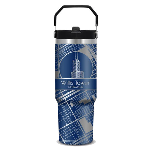 Introducing the Willis Tower Flat Top Tumbler: a tall travel mug featuring a striking Chicago city map design in blue and silver. The front showcases “Willis Tower Chicago” with an elegant line drawing of the iconic tower above the text, making this an ideal tumbler for architecture enthusiasts. With its black handle and matching lid, this architectural souvenir perfectly captures the essence of Chicago’s skyline.