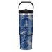 Introducing the Willis Tower Flat Top Tumbler: a tall travel mug featuring a striking Chicago city map design in blue and silver. The front showcases “Willis Tower Chicago” with an elegant line drawing of the iconic tower above the text, making this an ideal tumbler for architecture enthusiasts. With its black handle and matching lid, this architectural souvenir perfectly captures the essence of Chicago’s skyline.