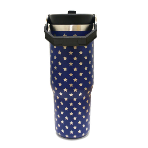 Celebrate America’s 250th with the America’s 250th Anniversary Flat Top Tumbler—tall, blue, covered in white stars. It features a sturdy handle and black spill-proof lid, making it an ideal heritage keepsake for daily use.