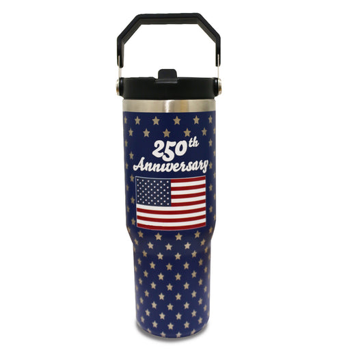 Celebrate America's 250th with the blue America's 250th Anniversary Flat Top Tumbler, featuring white stars, an American flag and "250th Anniversary" on the front, plus a top black handle—a memorable heritage keepsake.