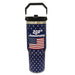 Celebrate America's 250th with the blue America's 250th Anniversary Flat Top Tumbler, featuring white stars, an American flag and "250th Anniversary" on the front, plus a top black handle—a memorable heritage keepsake.