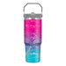 Introducing the Living Desert Zoo and Gardens Giraffe Flat Top Tumbler—a vibrant tumbler with a gray handle, showcasing a pink and blue gradient background adorned with white outline illustrations of mountains, trees, and a giraffe. Featuring the words “Living Desert Zoo and Gardens,” this accessory is perfect for wildlife conservation enthusiasts.