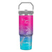 A pink-to-blue gradient stainless steel tumbler featuring a silver Phoenix Zoo logo and a line-art illustration of a giraffe and landscape.