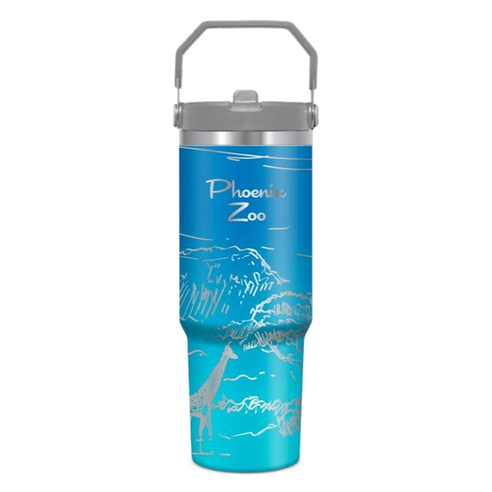 Blue insulated tumbler with a gray lid and handle, featuring a silver outline of a giraffe and a landscape with the text Phoenix Zoo.