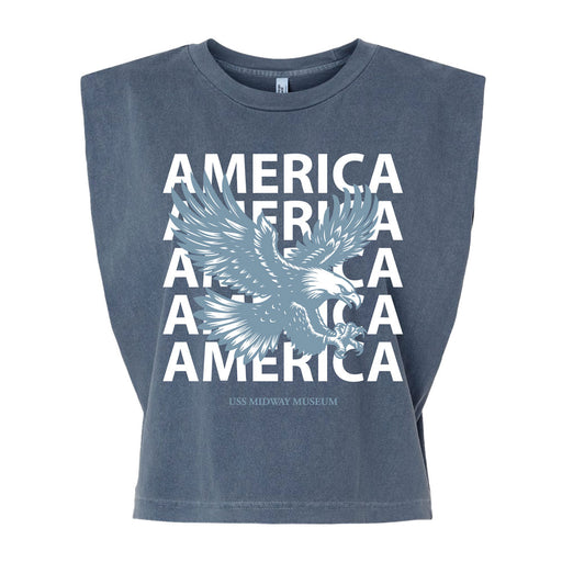 Show your patriotic spirit with the USS Midway Museum American Eagle Women’s Boxy T-Shirt. This sleeveless blue top features bold white “AMERICA” text repeated four times and a striking eagle graphic on the front, with “USS MIDWAY MUSEUM” printed below, making it a perfect souvenir from your visit.