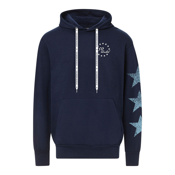 USS Midway Museum 250 United Hooded Sweatshirt—navy blue with white drawstrings, a small chest logo, and three large glittery blue stars on the left sleeve—makes a stylish tribute to naval aviation and is perfect for fans of the USS Midway Museum.