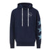 USS Midway Museum 250 United Hooded Sweatshirt—navy blue with white drawstrings, a small chest logo, and three large glittery blue stars on the left sleeve—makes a stylish tribute to naval aviation and is perfect for fans of the USS Midway Museum.