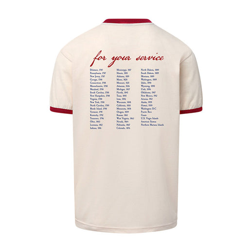 The USS Midway Museum Uncle Sam Ringer T-Shirt features a cream color with red accents on the collar and sleeve edges. The back displays “For your service” above a list of U.S. states and territories, each paired with cities and years—a design inspired by the USS Midway Museum’s tribute to naval aviation history.