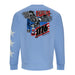 USS Midway Museum American Concert Tour Crew Sweatshirt in light blue, featuring three white stars on the sleeve. The back displays an eagle, red and white stripes, “AMERICA,” “Liberty,” “Since 1776,” and “250 Years with US Military Museum” text—celebrating American naval aviation history as seen at the USS Midway Museum in San Diego.