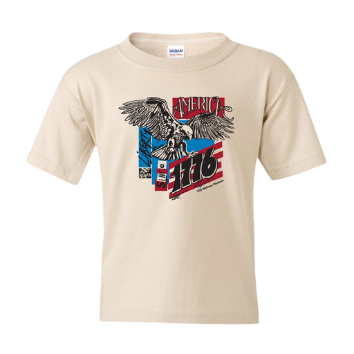 Celebrate in style with the USS Midway Museum American Birthday Concert Youth T-Shirt, featuring a beige design with an eagle graphic, vibrant American flag colors, and “America 1776” emblazoned on the front—perfect for the American Birthday Concert or as a memorable souvenir from your visit to the USS Midway Museum.