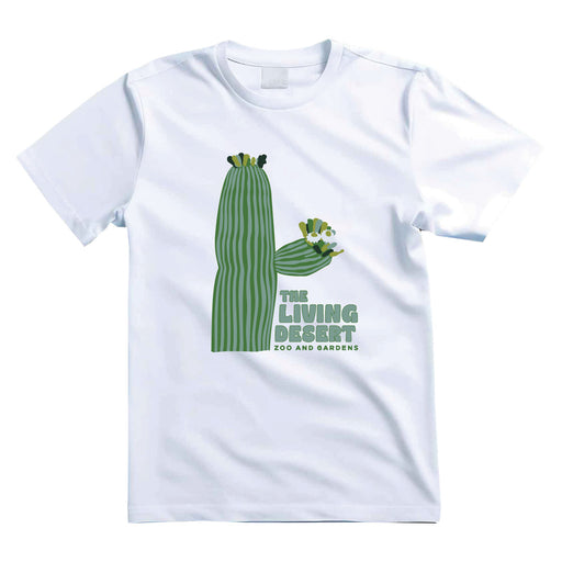 The Living Desert Zoo and Gardens Green Cactus T-Shirt is a white tee showcasing a graphic of two green cacti adorned with yellow flowers, inspired by the desert ecosystem, and features “Living Desert Zoo and Gardens” written beneath the illustration. This T-shirt beautifully captures the spirit of nature’s resilience.