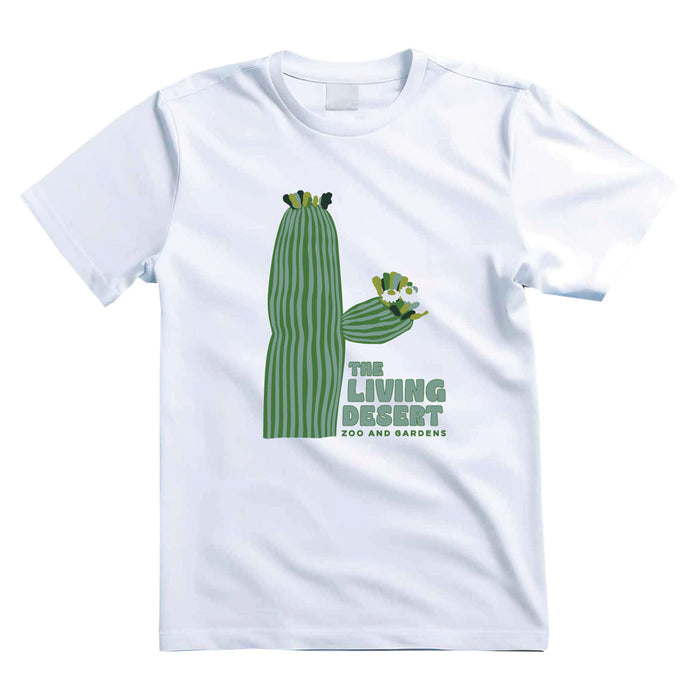 The Living Desert Zoo and Gardens Green Cactus T-Shirt is a white tee showcasing a graphic of two green cacti adorned with yellow flowers, inspired by the desert ecosystem, and features “Living Desert Zoo and Gardens” written beneath the illustration. This T-shirt beautifully captures the spirit of nature’s resilience.