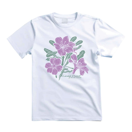 The Living Desert Zoo and Gardens Purple Hibiscus T-Shirt is a white tee showcasing a vibrant graphic of purple hibiscus flowers with green leaves and “Living Desert Zoo and Gardens” printed in green beneath the floral design—a perfect choice for supporting wildlife conservation.