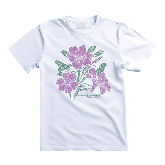 The Living Desert Zoo and Gardens Purple Hibiscus T-Shirt is a white tee showcasing a vibrant graphic of purple hibiscus flowers with green leaves and “Living Desert Zoo and Gardens” printed in green beneath the floral design—a perfect choice for supporting wildlife conservation.
