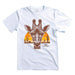 The Living Desert Zoo and Gardens Giraffe Sunset T-Shirt showcases a detailed giraffe face set against a vibrant sunset with orange and yellow tones, accented by cacti and desert plants—ideal for wildlife conservation enthusiasts and fans of The Living Desert Zoo.
