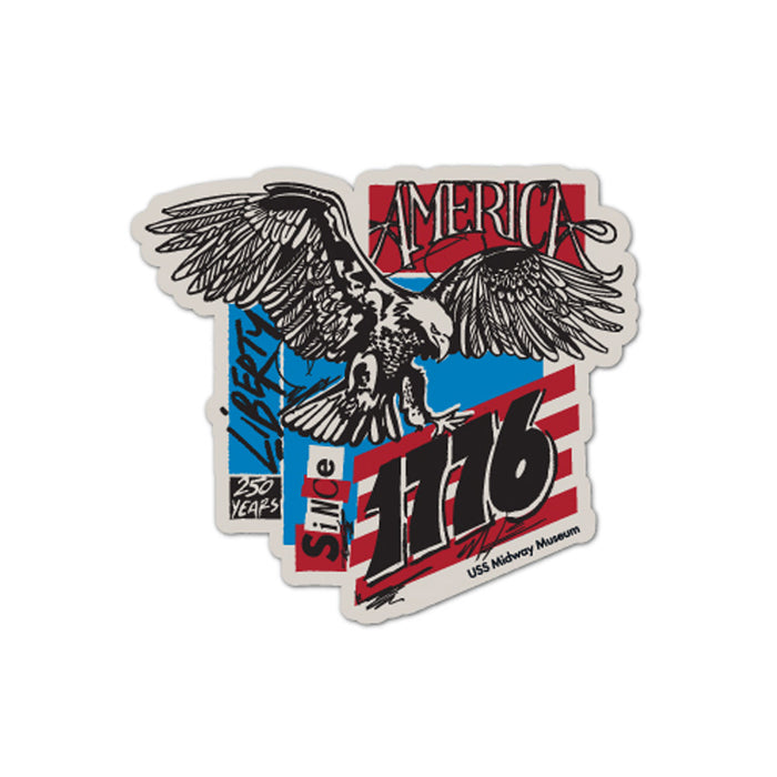 Celebrate America’s Birthday Concert Series with the USS Midway Museum America’s Birthday Concert Series Magnet, featuring a striking eagle with spread wings above red and white stripes, “AMERICA, LIBERTY, Since 1776, 350 years,” and “USS Midway Museum” text. Blue background accents make this the perfect patriotic keepsake for fans of the USS Midway.