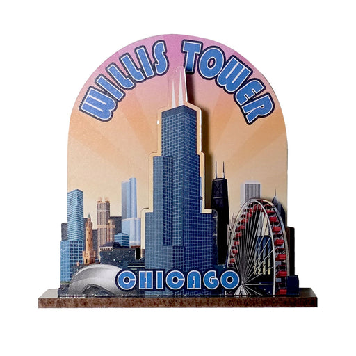 Illustration of Willis Tower in Chicago with surrounding skyscrapers, a Ferris wheel, and “WILLIS TOWER” and “CHICAGO” boldly displayed above and below the buildings, all set against a sunrise backdrop—perfect as the Willis Tower 2D Magnet to add vibrant style to your fridge or to stand out in your Chicago skyline magnet collection.