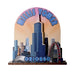 Illustration of Willis Tower in Chicago with surrounding skyscrapers, a Ferris wheel, and “WILLIS TOWER” and “CHICAGO” boldly displayed above and below the buildings, all set against a sunrise backdrop—perfect as the Willis Tower 2D Magnet to add vibrant style to your fridge or to stand out in your Chicago skyline magnet collection.
