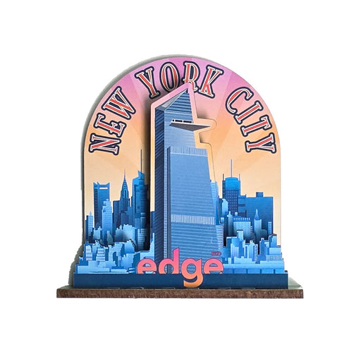Featuring an illustration of the NYC skyline with the Edge observation deck building at the center, this pastel design displays “NEW YORK CITY” above and “edge” in pink letters below. The Edge NYC 2D Tower Magnet makes a unique New York City souvenir or perfect addition to your collection.