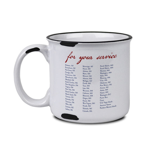 Introducing the USS Midway Museum Uncle Sam Thank You Mug: a white ceramic mug featuring Uncle Sam with black rim and accents. Bold red and blue text reads “For Your Service” above a list of U.S. cities and years, commemorating significant historical events or military service locations. Inspired by displays at the USS Midway Museum, this patriotic mug is the perfect way to honor American heroes.