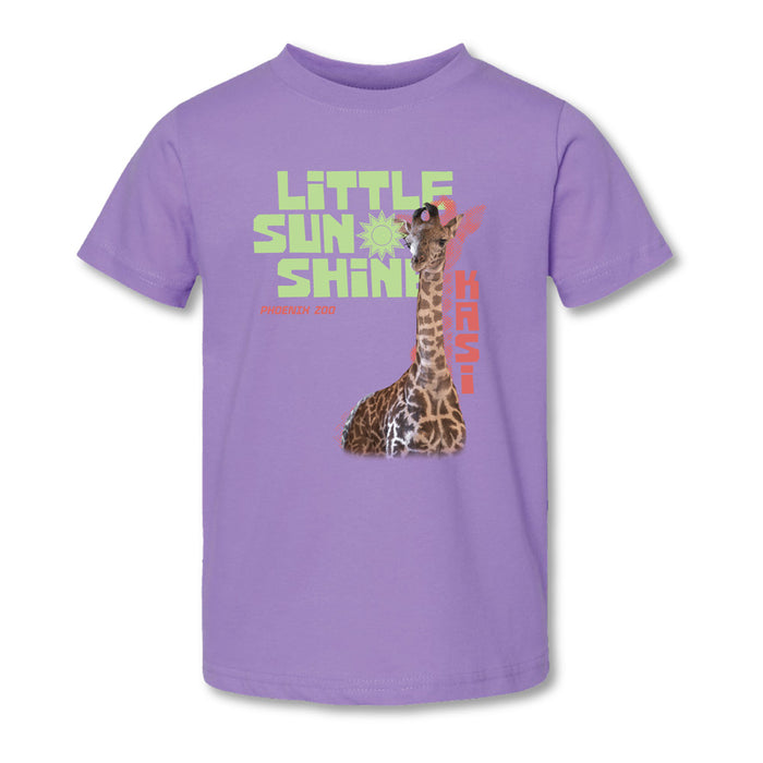 Light purple short-sleeved t-shirt featuring a giraffe and the text Little Sunshine Phoenix Zoo.