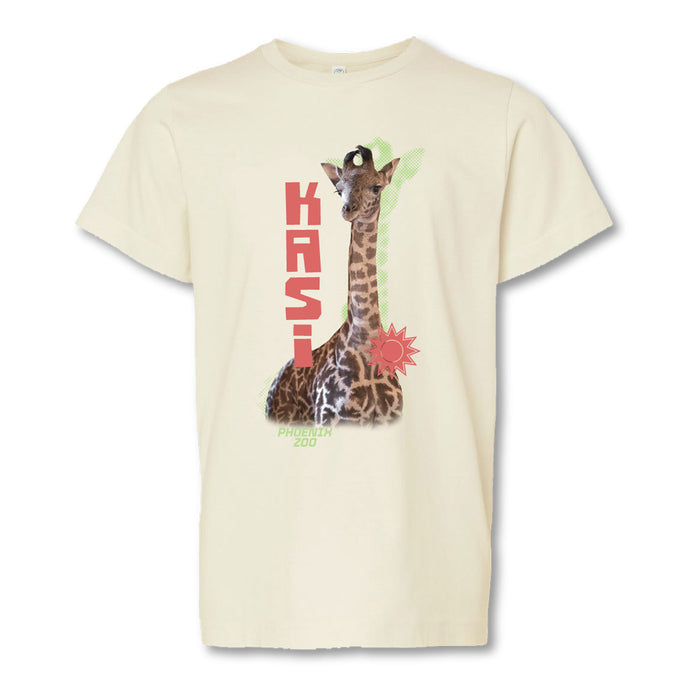 Cream-colored t-shirt featuring a giraffe graphic with vertical red text reading KASI and PHOENIX ZOO at the bottom.