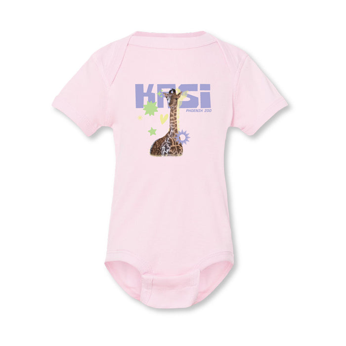 Light pink infant bodysuit featuring a graphic of a giraffe, the text KASI, and PHOENIX ZOO.