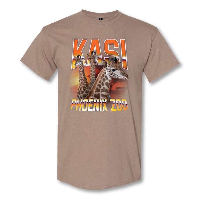 Tan t-shirt featuring three giraffes in a sunset landscape, with the text KASI above and PHOENIX ZOO below.