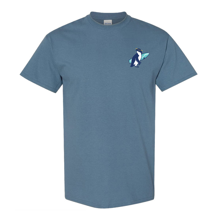 Dusty blue t-shirt with a small graphic of a penguin wearing sunglasses and carrying a surfboard on the left chest.