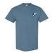 Dusty blue t-shirt with a small graphic of a penguin wearing sunglasses and carrying a surfboard on the left chest.