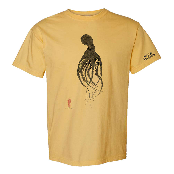 Pale yellow t-shirt with a black ink-style illustration of an octopus and the Birch Aquarium logo on the sleeve.