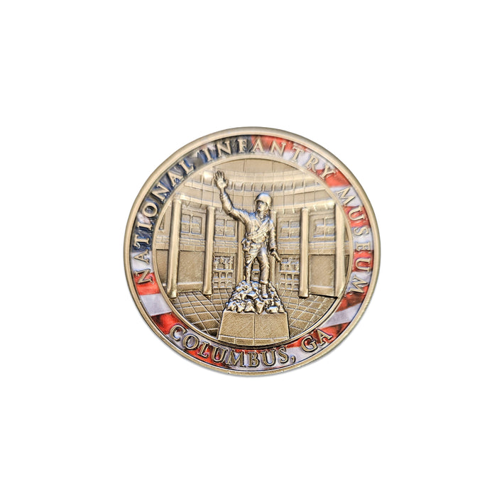 Celebrate America’s military heritage with the National Infantry Museum America’s 250th Coin, a round commemorative coin featuring a central statue of a soldier and red and blue border inscribed with “National Infantry Museum” and “Columbus, GA.”.