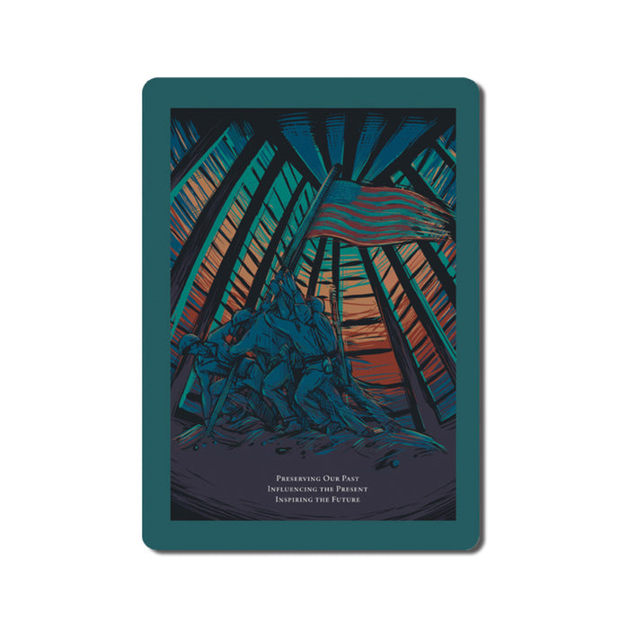 Illustration of the iconic National Museum of the Marine Corps building set against a vibrant, stylized sky. Text below reads: Preserving Our Past, Influencing the Present, Inspiring the Future. This striking National Museum of the Marine Corps Building Magnet is a meaningful keepsake—perfect for honoring Marine Corps service and history.