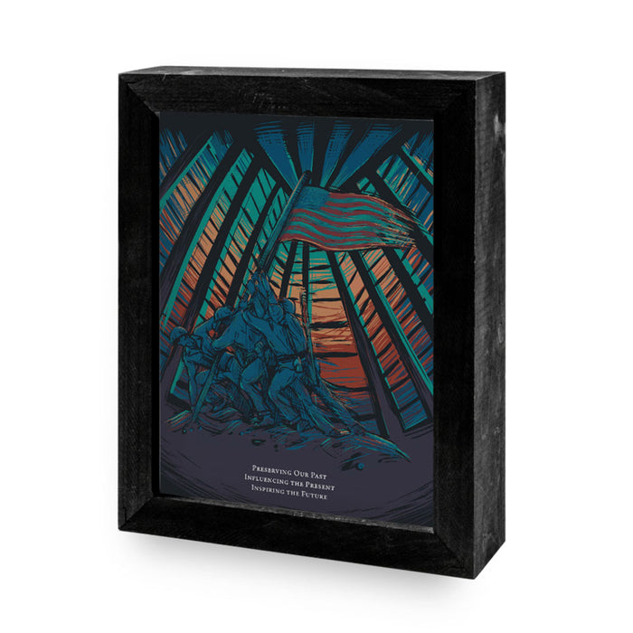Bring home a piece of history with the National Museum of the Marine Corps Building Framed Print, featuring stunning artwork of silhouetted soldiers raising a U.S. flag against a vibrant sky. Below, the text reads: “Preserving Our Past, Influencing the Present, Inspiring the Future.” Inspired by exhibits at the National Museum of the Marine Corps, this framed print beautifully honors service and sacrifice—perfect for any admirer of military wall art.