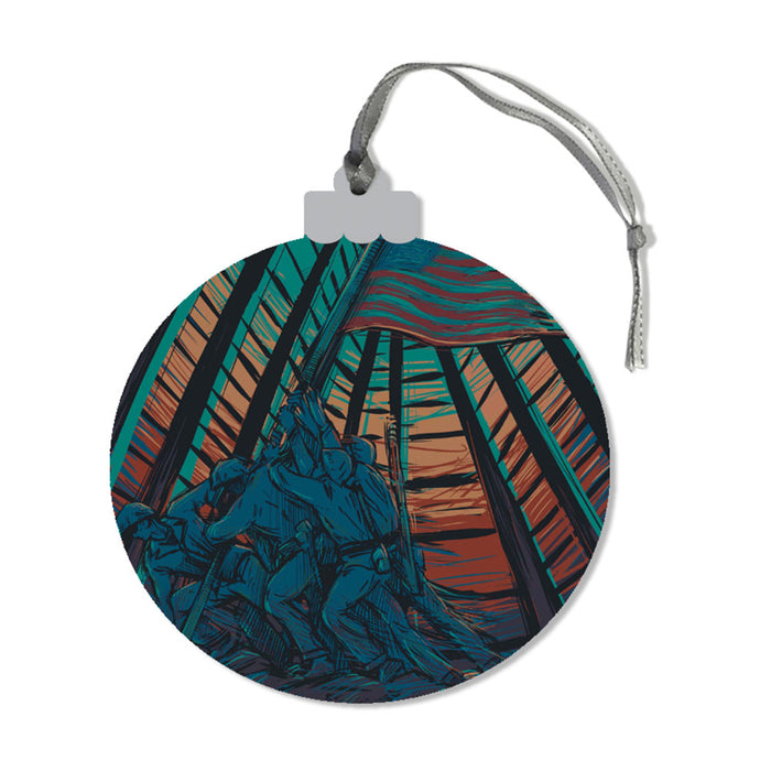 Celebrate patriotism with the National Museum of the Marine Corps Building Ornament, featuring a round design showcasing the museum’s iconic architecture set against a stylized sunset background. A gray ribbon loop at the top makes it easy to hang, making this ornament a perfect keepsake for honoring Marine Corps history.