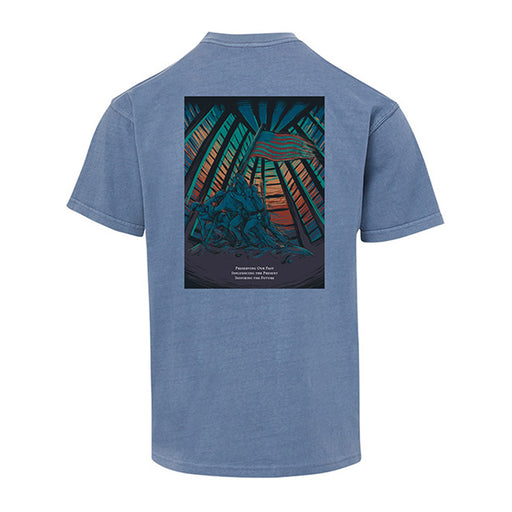 Show your pride with the National Museum of the Marine Corps Building T-Shirt. This blue tee showcases a striking back graphic of Marines raising a flag, silhouetted against a vibrant sky with palm fronds. Beneath the image, inspiring text reads: Freedoms Not Free. Honoring Our Heroes. Remember the Fallen. Ideal as a Marine Corps souvenir or for visitors to the National Museum of the Marine Corps, this shirt serves as a meaningful tribute to all who have served.