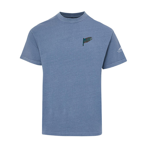 Light blue short-sleeve National Museum of the Marine Corps Building T-Shirt featuring a small, colorful flag graphic on the left chest and a white logo on the left sleeve. This relaxed-fit tee with a crew neckline makes a perfect Marine Corps souvenir from the National Museum of the Marine Corps.
